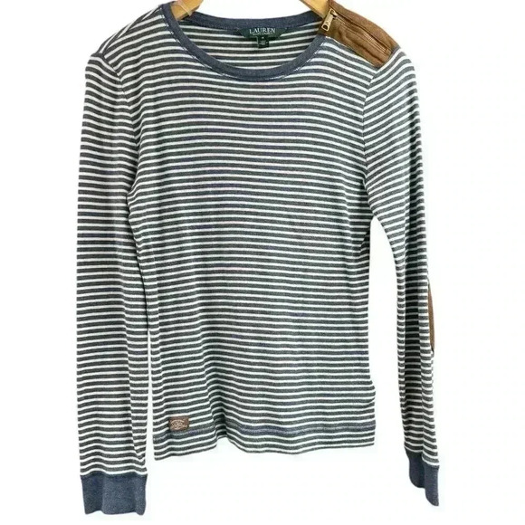 Lauren by Ralph Lauren Soft Cotton Blue/White Stripe Top with suede patch elbow - Picture 1 of 11